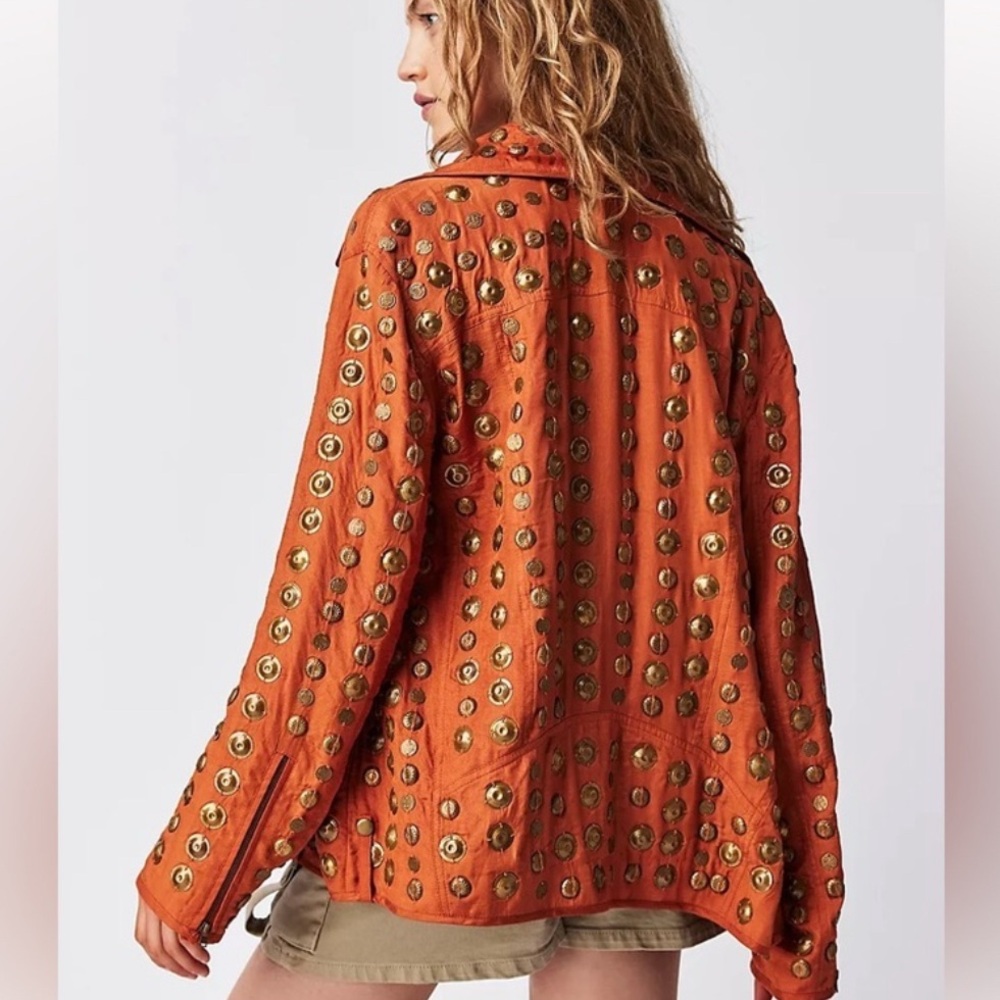 Free People Orange Jacket with Gold Studs